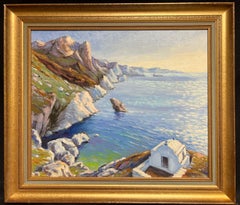 Pittura ad olio impressionista con alba e luce dorata della costa greca e cappella sul mare 