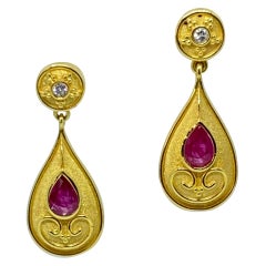 Georgios Collections 18 Karat Yellow Gold Diamond and Ruby Pear Drop Earrings