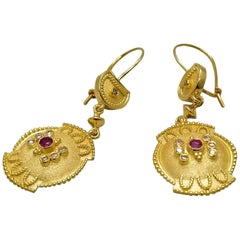 Georgios Collections 18 Karat Yellow Gold Diamond Ruby Dangle Drop Earrings