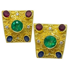 Georgios Collections 18 Karat Yellow Gold Emerald Diamond Ruby Sapphire Earrings