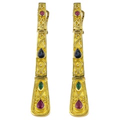 Georgios Collections 18 Karat Yellow Gold Ruby Sapphire Emerald Long Earrings