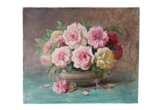 Grande pittura ad olio su tela di rose rosa antico francese