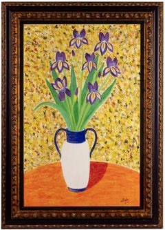 Iris in una brocca - Grande dipinto a olio post impressionista francese della metà del XX secolo