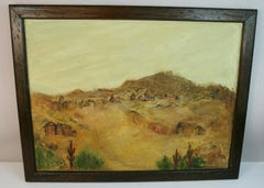 Antico dipinto a olio western Arizona Campo minerario abbandonato 1930