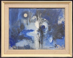 Peinture à l'huile abstraite britannique du 20e siècle, Paysage de la forêt bleu nuit