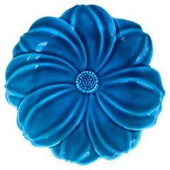 Large French Mid-Century Majolica Blue Flower Plate Charolles 