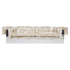 Milo Baughman Button Tufted Chrome Sofa in a Crushed Velvet