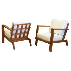 Pair French Mid-Century Modern Grid Back Cherry Lounge / Armchairs, Rene Gabriel