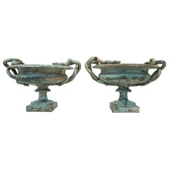 Pair of Medium Val d'Osne Cast Iron Snake Urns with Robin's Egg Blue Paint