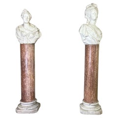 Pair Of Violet Hautacam Marble Columns On A Carrara White Base, 19th Century