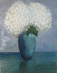 Natura morta impressionista di Hydrangias White in a Blue Vase di P. Russo