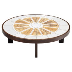 Roger Capron Oval Coffee Table with Fauna Imprints in Ceramic and Wood 