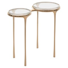 Spectacles Side Table  Polished Bronze base, Clear glass top 