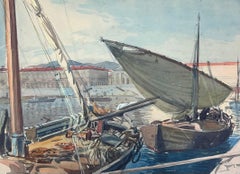 Bateaux à voile aux voiles gonflées amarrés dans le port de Nice ensoleillé Aquarelle