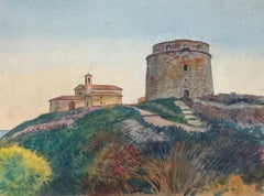 Peinture à l'aquarelle française représentant une forteresse côtière et une chapelle Saint-Jean Cap Ferrat