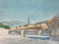 Peinture à l'aquarelle « In Nice with Figures Exploring the Dry Bridge »