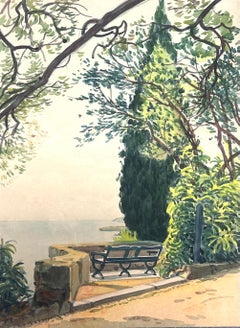 Banc éclairé au-dessus d'une peinture à l'aquarelle française de la Méditerranée azur