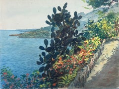  Chemin côtier ensoleillé à Monaco avec des cactus vibrants et des fleurs épanouies Peinture