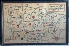 1932 Folk Art Needlepoint Map Midwest Stati del Midwest