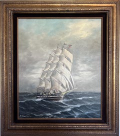 Grande peinture à l'huile originale signée sur toile Paysage marin, bateau à voile, encadrée