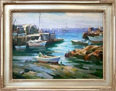 « Ship and Boats », scène portuaire, peinture à l'huile impressionniste de style Emile Gruppe