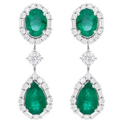 Zambian Emerald Gemstone Dangle Earrings SI/H Diamond 14k White Gold Jewelry