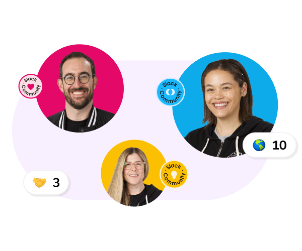 Líderes de la comunidad de Slack con reacjis superpuestos para destacar la comunidad.