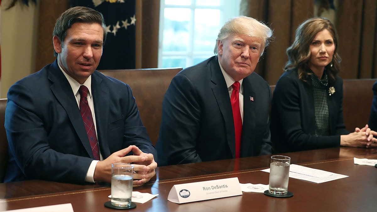 Ron DeSantis, Donald Trump, and Kristi Noem sit next to each other at the White House