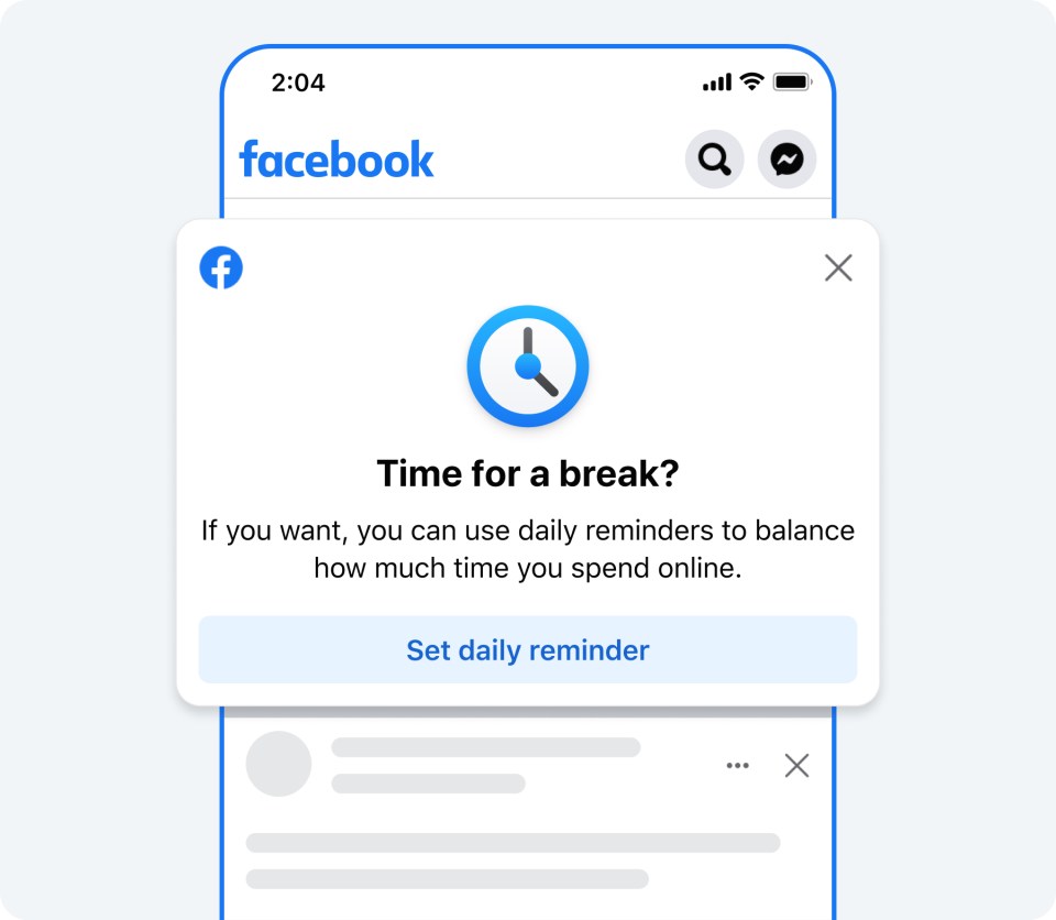 Phone screen showing "Time for a break?" notification for teens on Facebook