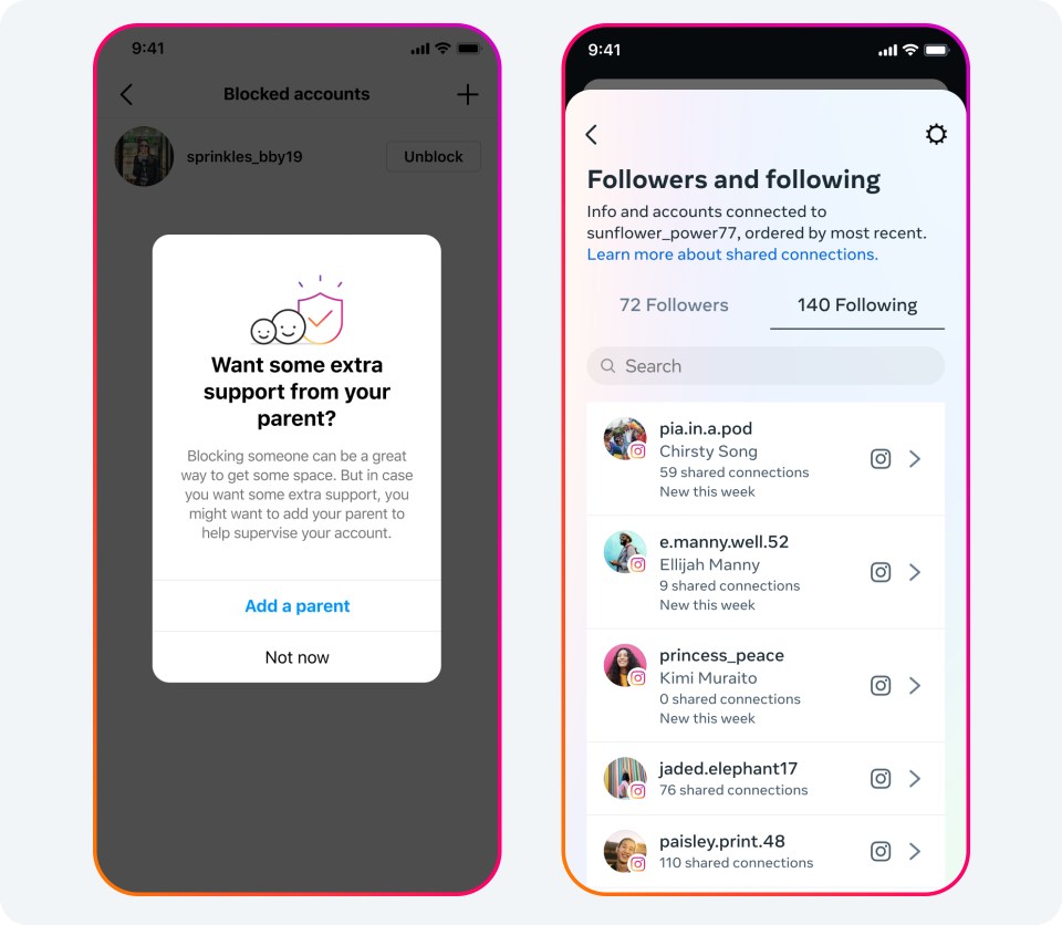 2 phone screens showing parental supervision features on Instagram