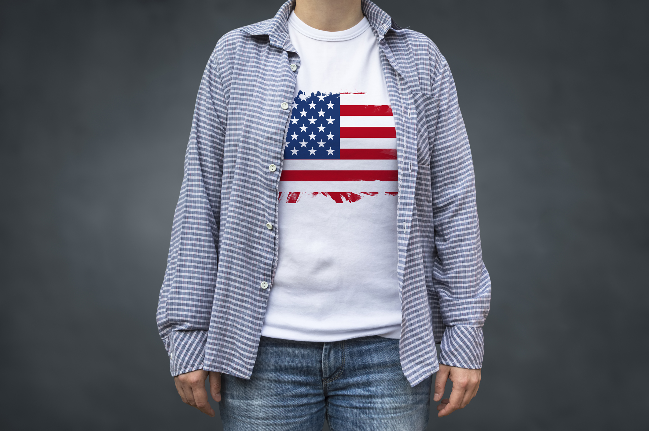 Person with USA map t-shirt and denim jacket