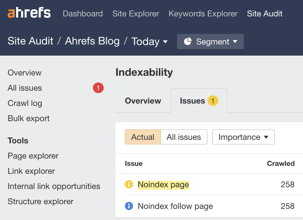 Informe de indexabilidad en Site Audit.