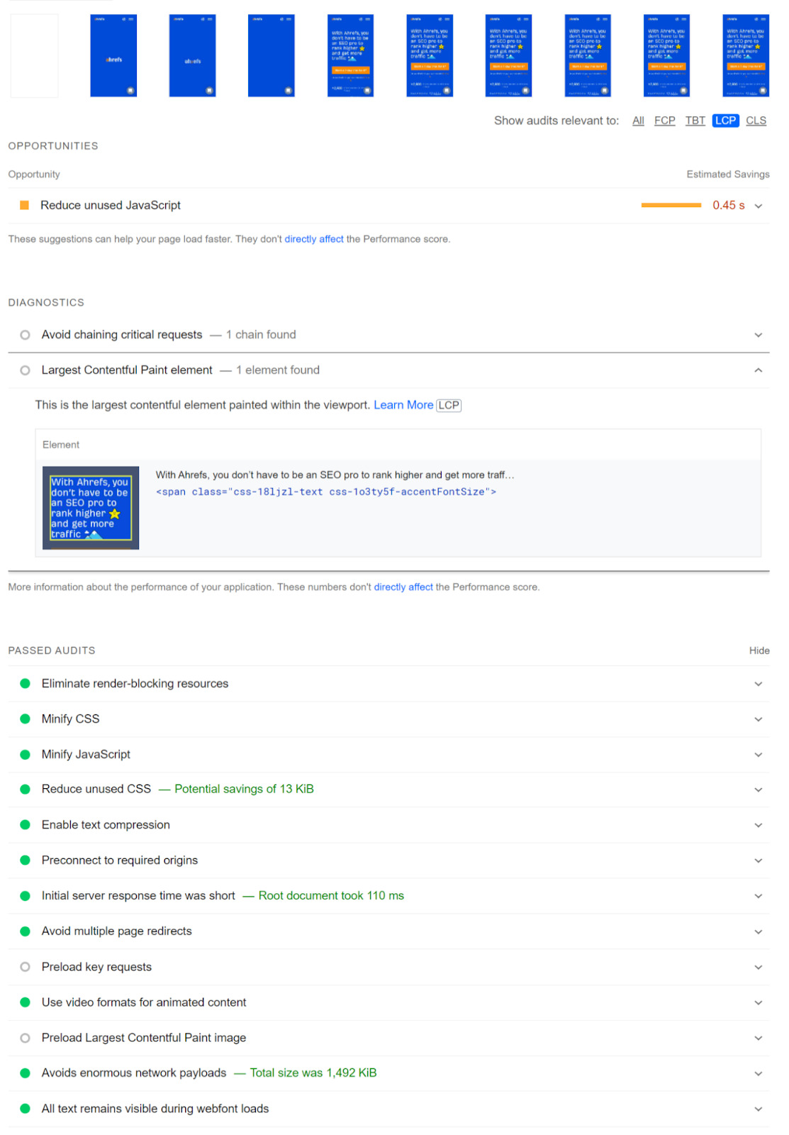 Largest Contentful Paint issues in PageSpeed Insights point to the blue LCP tab