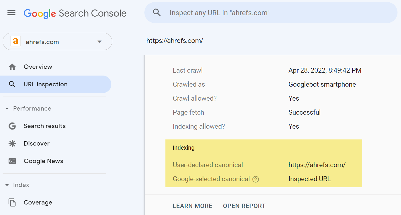 The declared and Google-selected canonical via Google Search Console