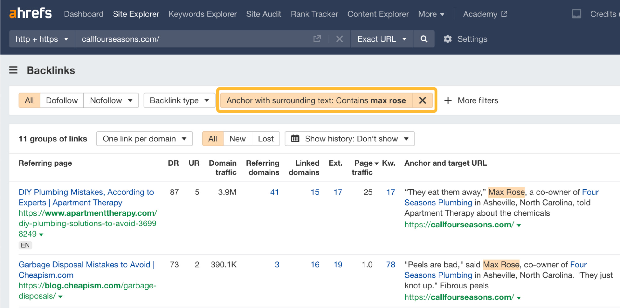 Filtering for HARO backlinks in Ahrefs' Site Explorer