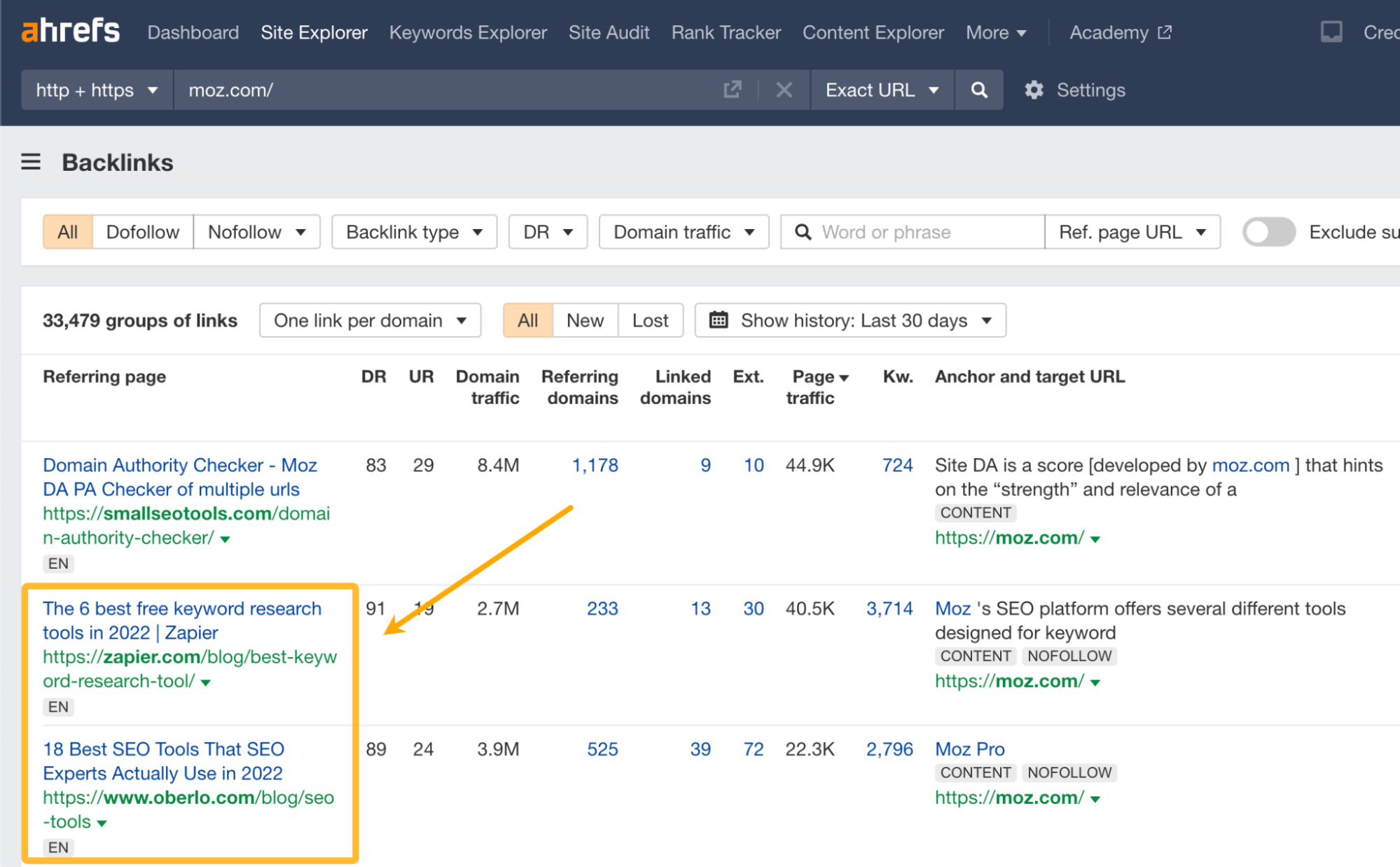 Examples of listicles in the Backlinks report
