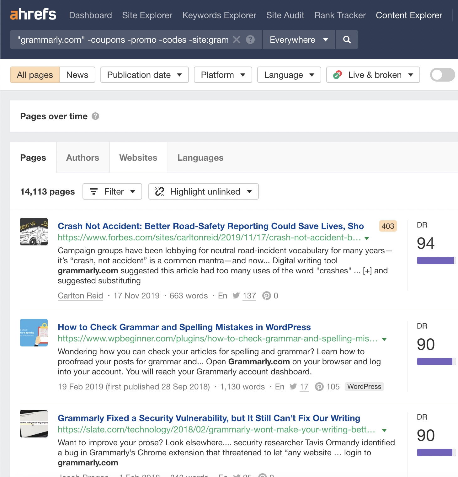 Grammarly advanced search, via Ahrefs' Content Explorer
