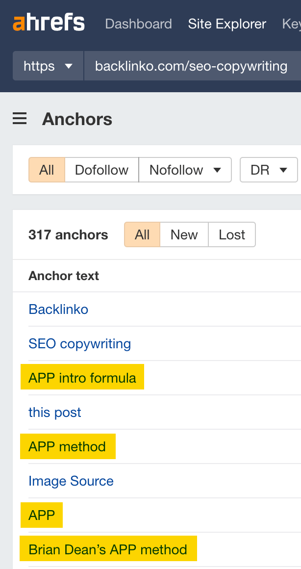 Anchors report in Ahrefs' Site Explorer
