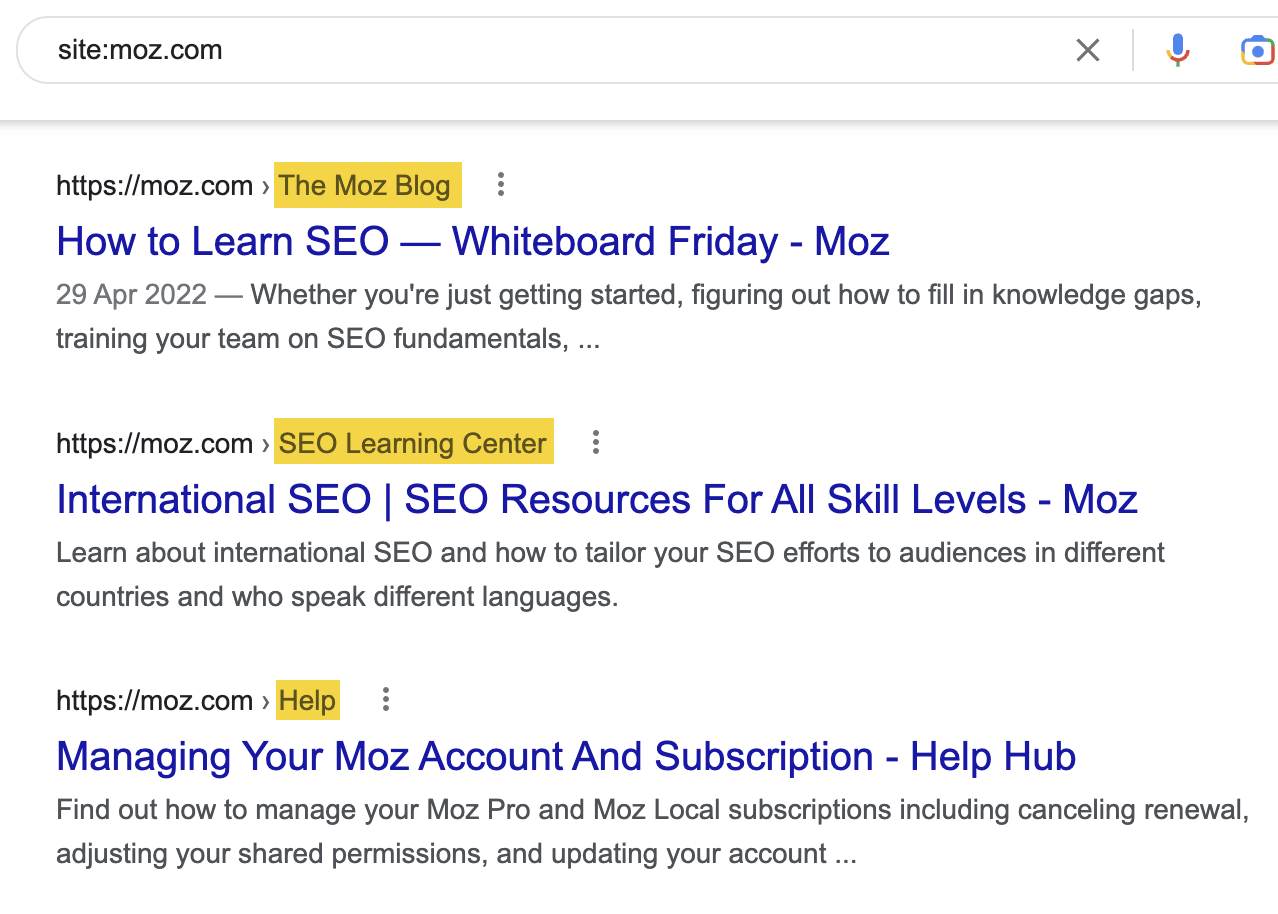 The site: operator reveals where Moz publishes content
