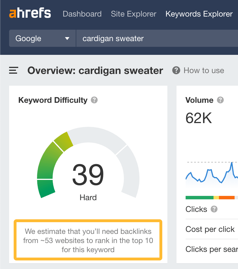 Very rough estimation of how many backlinks you'll need to rank on the first page in Ahrefs' Keywords Explorer
