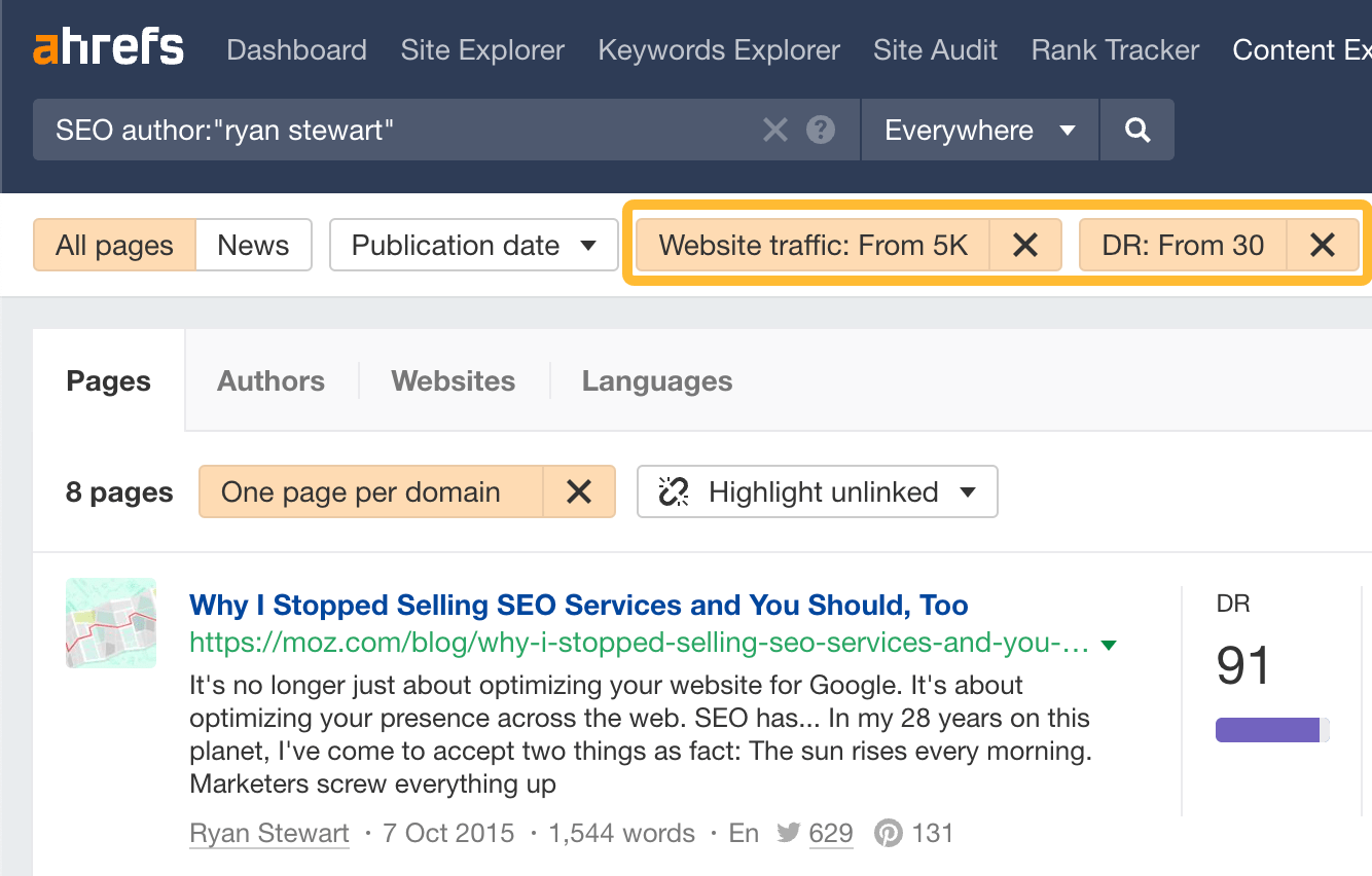 Filtering for posts by a particular author from high-DR and high-traffic websites in Ahrefs' Content Explorer
