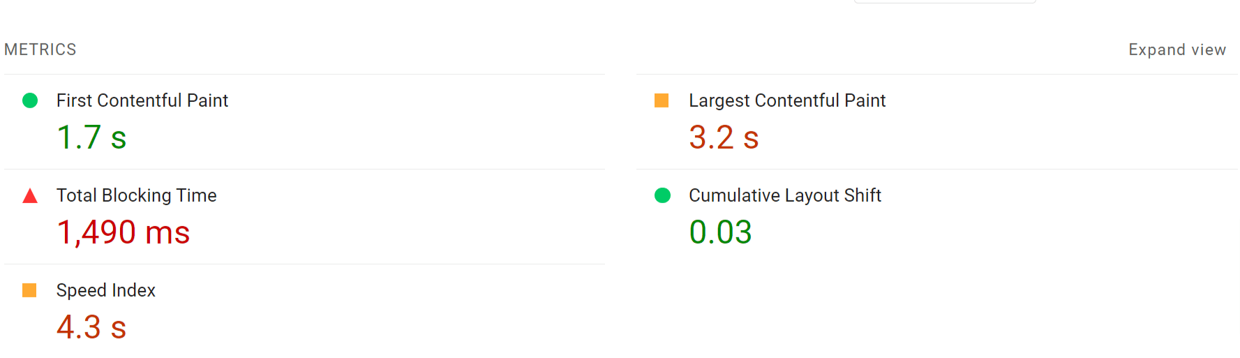 Lighthouse metrics in PageSpeed Insights