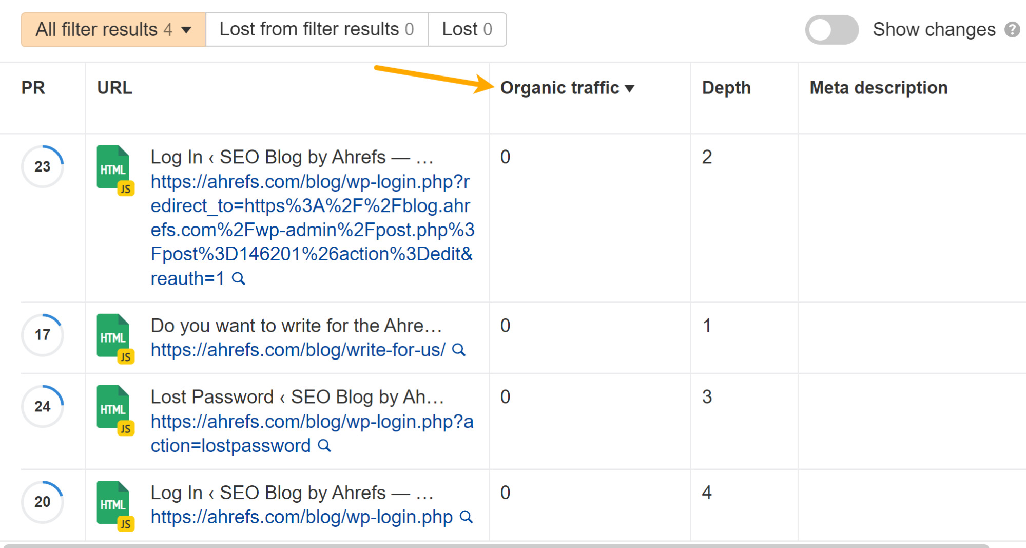 Sorting pages with missing meta description tags by organic traffic