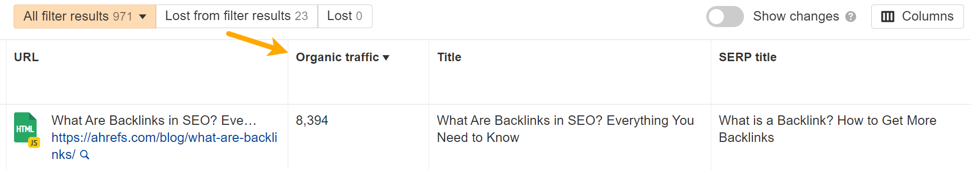 Sorting pages where page and SERP titles do not match by organic traffic