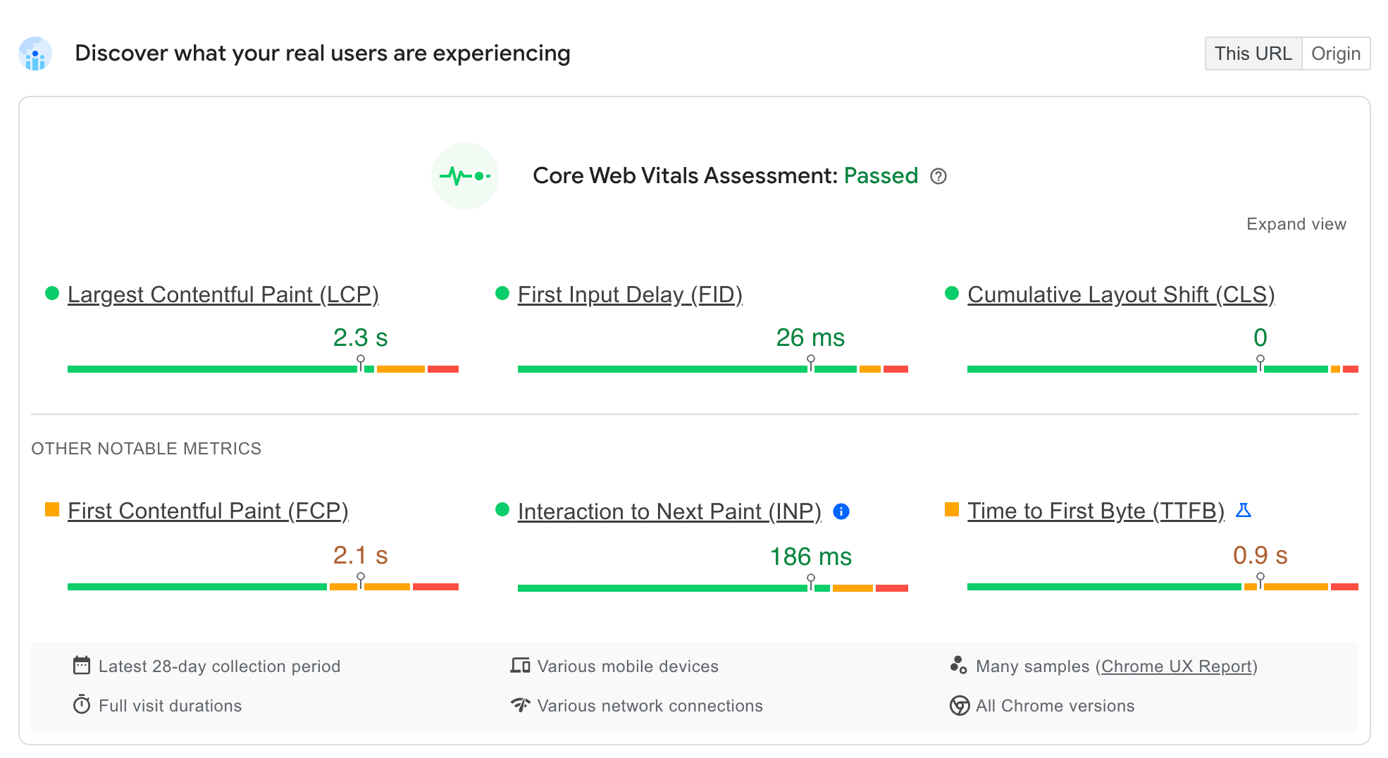 Core Web Vitals assessment score for our blog post