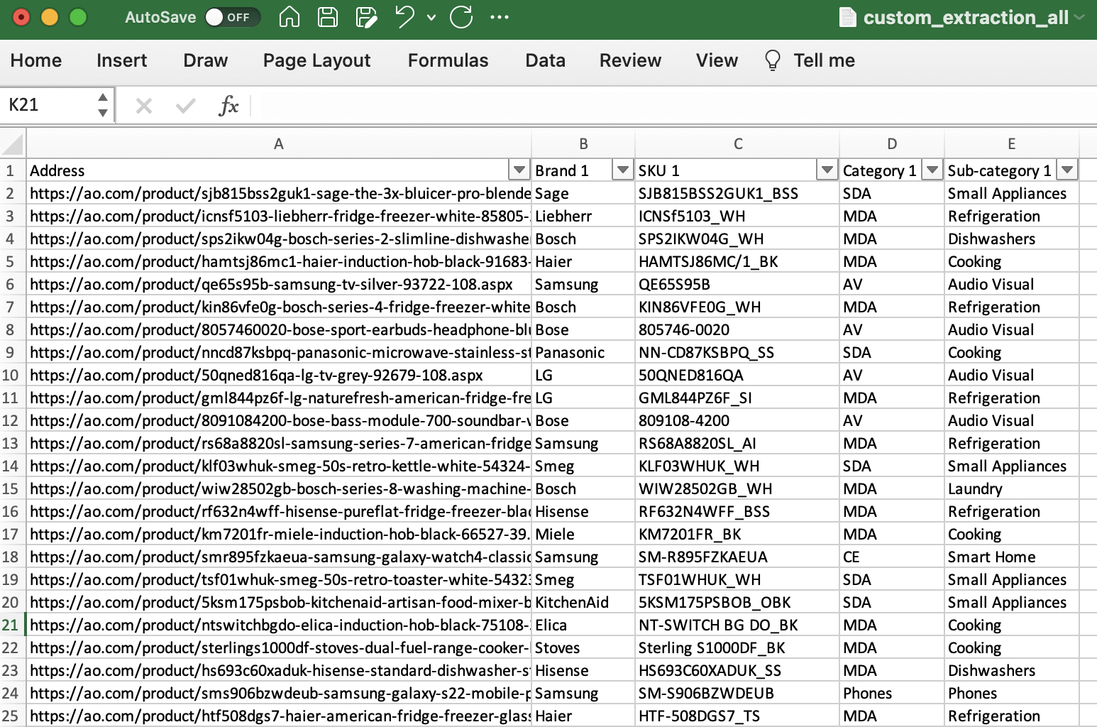 Exported CSV file example