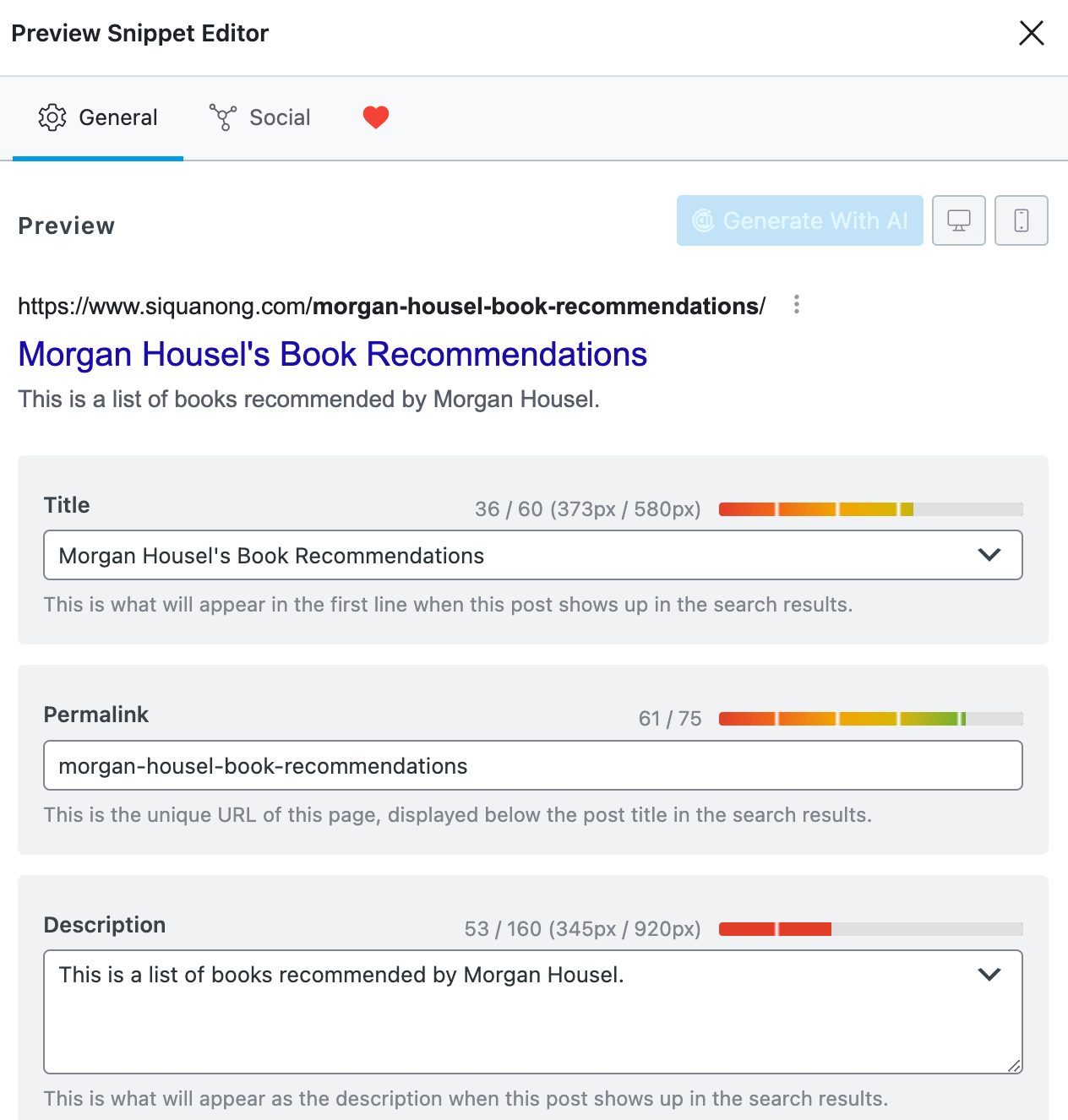 RankMath's Preview Snippet Editor