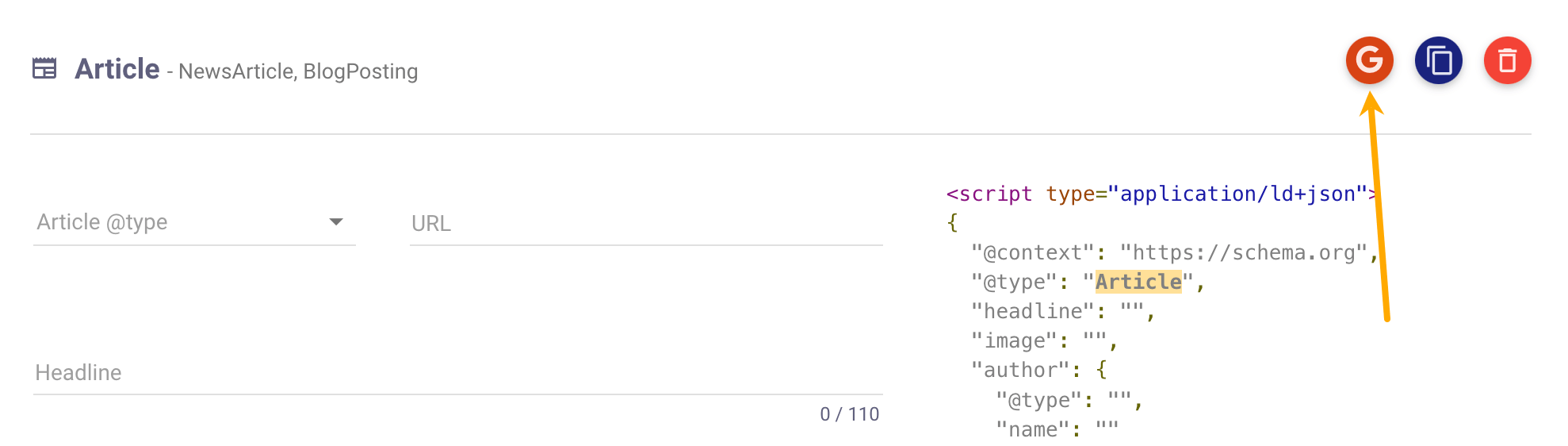 The "G" logo sends the generated code to Schema.org’s Markup Validator or Google’s Rich Results Test tool