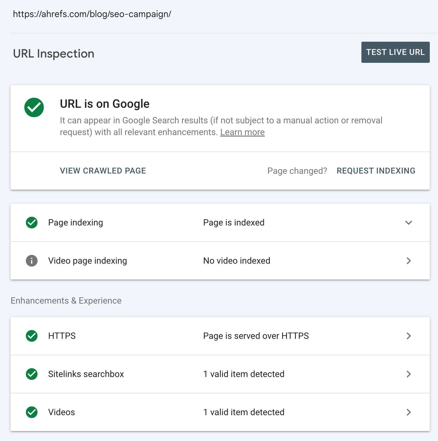 The URL Inspection tool provides information about Google’s indexed version of a specific page.