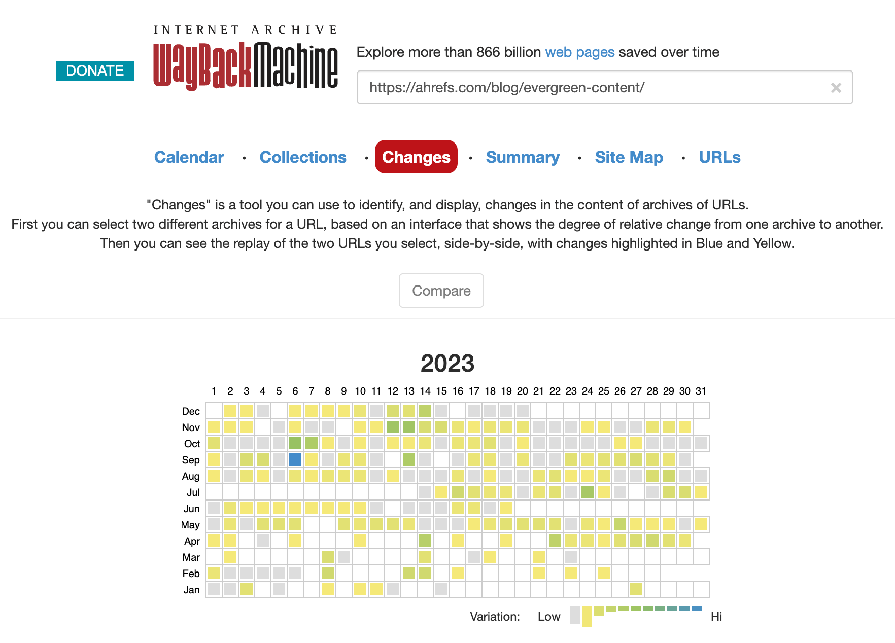 Wayback Machine's changes feature shows you when minor and major changes have been made to a page